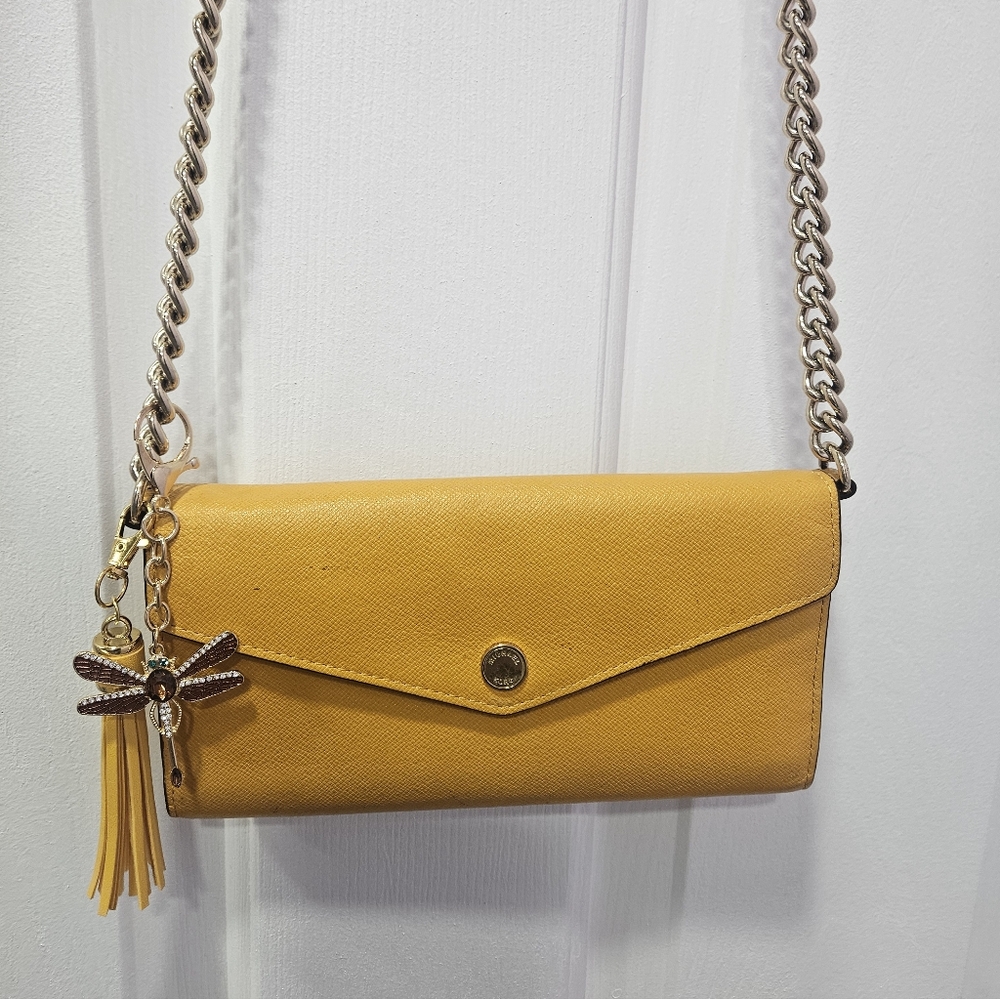 Michael Kors Yellow Saffiano Leather Crossbody Clutch with Dragonfly Charm - Picture 9 of 10
